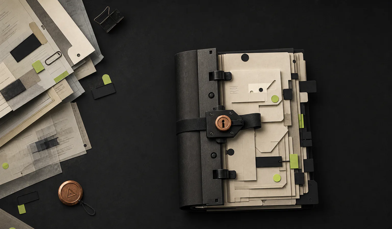 Cena editorial sobre como criar um sistema com inteligência artificial sem perder o controle das decisões com Um livro de atas modular com divisórias móveis, abas de revisão e um m