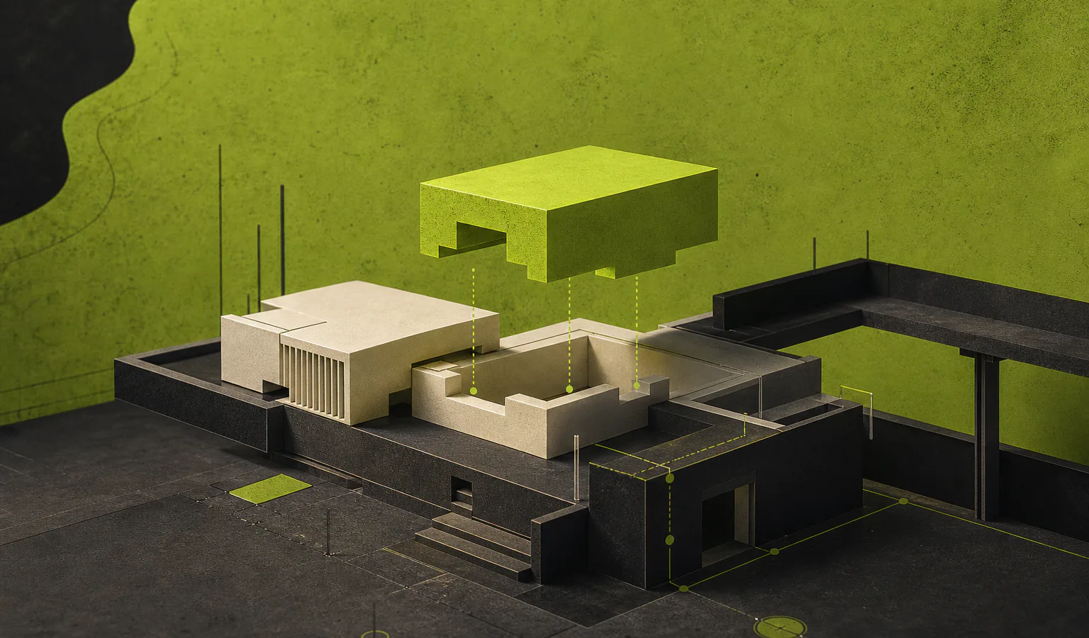Cena editorial sobre vibecoding no desenvolvimento de software com Um corte físico de uma estrutura modular: algumas peças cream estão firmemente apoiadas em uma base charcoal, enq